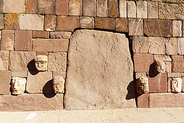 Head reliefs in the Sunken Courtyard, ruins of Tiwanaku, also Tiahuanaco, Unesco World Heritage Site, La Paz Department, Bolivia, South America