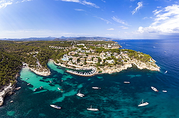 Drone shot, view over the Five Finger Bay of Portals Vells, Majorca, Balearic Islands, Spain, Europe