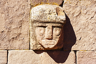 Head relief in the Sunken Courtyard, ruins of Tiwanaku, also Tiahuanaco, Unesco World Heritage Site, La Paz Department, Bolivia, South America