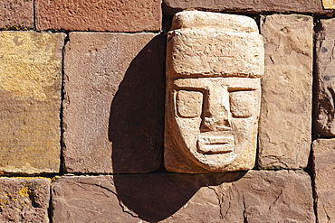 Head relief in the Sunken Courtyard, ruins of Tiwanaku, also Tiahuanaco, Unesco World Heritage Site, La Paz Department, Bolivia, South America