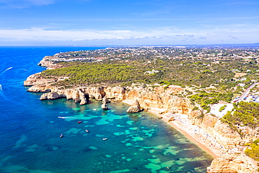 Portugal Algarve beach Praia da Marinha sea ocean drone shot from above in Praia da Marinha, Portugal, Europe