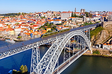 Porto with bridge Ponte Dom Luis I over river Douro and tramway travel city in Porto, Portugal, Europe