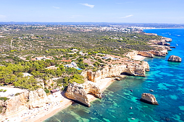 Portugal Algarve beach Praia da Marinha sea ocean drone shot from above in Praia da Marinha, Portugal, Europe