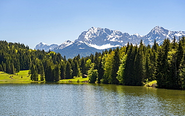 Geroldsee, view of Karwendel mountains in spring, Gerold, Bavaria, Germany, Europe