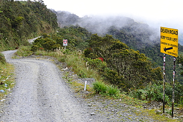 Left-hand traffic sign on the road of death, Camino de la Muerte, La Paz Department, Bolivia, South America