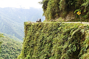 Off-road vehicle, Toyota Land Cruiser, on the road of death, Camino de la Muerte, La Paz department, Bolivia, South America