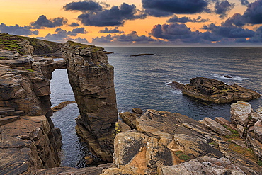 Rock Needle with Bridge, Old Red Sandstone Cliffs, Yesnaby Coastal Walk, Sunset, Sandwick, Mainland, Orkney, Scotland, United Kingdom, Europe