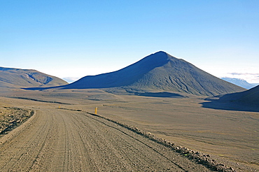 Rough track and barren mountains, lunar landscape, Moedrudalur, East Iceland, Iceland, Europe