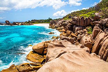 Granite rocks, beaches and jungle in the stunning south of La Digue, Seychelles, La Digue, Seychelles, Africa