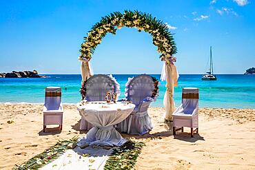 Wedding preparations on Takamaka beach, Mahe, Seychelles, Mahe, Seychelles, Africa