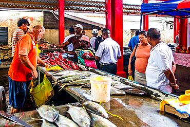 Fish sale at the market hall, Sir Selwyn Selwyn Clarke Market, Victoria, Mahe, Seychelles, Victoria, Mahe, Seychelles, Africa