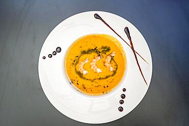 Salmorejo cold soup served with shrimps in Sierra Nevada, Spain, Europe