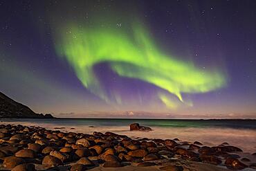 Northern lights (Aurora borealis) in winter Scandinavian landscape, sea, mountains, stars, Uttakleiv strand, Leknes, Nordland, Lofoten, Norway, Europe