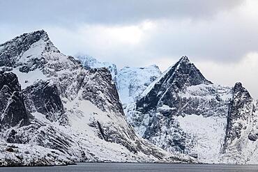 Winter Scandinavian landscape, fjord, mountains, snow, Hamnoy, Nordland, Lofoten, Norway, Europe