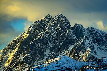 Winter Scandinavian landscape at sunrise, mountains, snow, fjord, Norway in winter, Hamnoy, Nordland, Lofoten, Norway, Europe