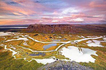 View from Skierffe mountain over the autumnal Rapadalen river delta, morning atmosphere, Rapaaelv river, Sarek National Park, Laponia, Lapland, Sweden, Europe