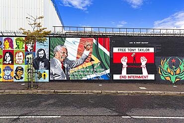 Mural, political graffiti on wall, Irish revolutionaries and Nelson Mandela, West Belfast, Belfast, County Antrim, Northern Ireland, Great Britain