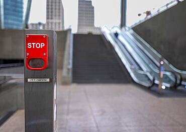 Emergency switch to stop the escalator at Potsdamer Platz station, Berlin, Germany, Europe