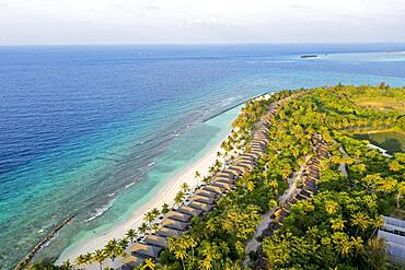 Aerial view, Kuredu with water bungalows and beaches, Laviyani Atoll, Maldives, Indian Ocean, Asia