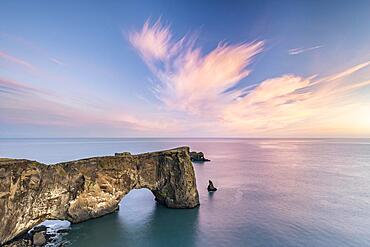 Rock arch Dyrholaey, Evening mood, Cape Dyrholaey, Vik i Myrdal, Suourland, South Iceland, Iceland, Europe