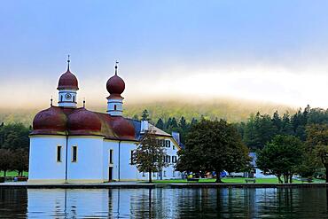 Fog over St. Bartholomae, pilgrimage church, Koenigssee, forest, Berchtesgaden National Park, Berchtesgadner Land, Upper Bavaria, Bavaria, Germany, Europe