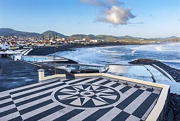 Drone shot, viewing terrace with surface texture of black and white cobblestones on Atlantic beach, Ribeira Grande, Sao Miguel Island, Azores, Portugal, Europe