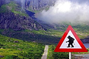 AChtung Trolls, road sign, Nordic landscape with road, Trollstigen Scandinavia, Norway, Europe