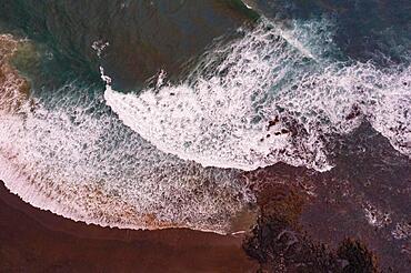 Drone shot, surf on the beach of Praia dos Mosteiros, Mosteiros, Sao Miguel Island, Azores, Portugal, Europe