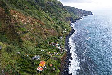 View of the cliff and settlement of Rocha da Relva, Sao Miguel Island, Azores, Portugal, Europe