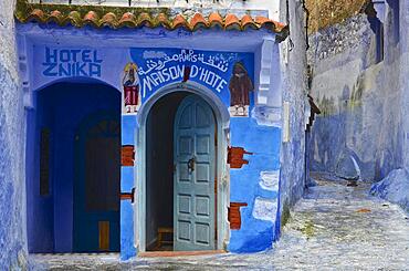 Entrance of hotel in old town, entrance of a maison in narrow alley, Blue City, Chefchaouen, Marikko