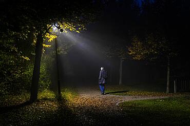 A man walks through a lonely park in Markt Swabia, Bavaria, Germany, on a dark and cold autumn morning, Europe