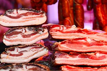 Ham, Market Hall, Mercat de la Boqueria, La Rambla, Barcelona, Catalonia, Spain, Europe