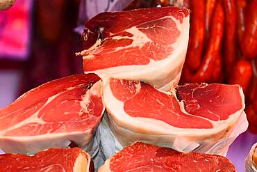 Ham, Market Hall, Mercat de la Boqueria, La Rambla, Barcelona, Catalonia, Spain, Europe