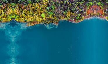 Aerial view of thick forest in autumn near of the lake water blue