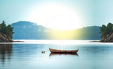 Small wooden boat in the middle of a lake, Lonely wooden boat in the water, isolated wooden boat, Top view of a white small wooden boat floating in the middle of a lake