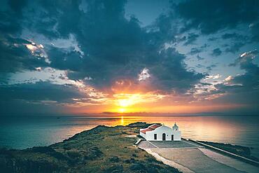 White chapel in the sea, sunrise long exposure Agios Nikolaos, St. Nicholas Beach, Zakynthos Island, Greece, Europe