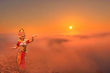 Balinese dancer above the clouds, Sidemen, Bali, Indonesia, Asia