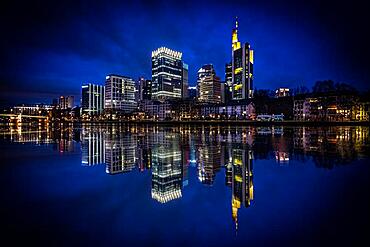 Banking district with Main river, evening mood, Frankfurt, Hesse, Germany, Europe