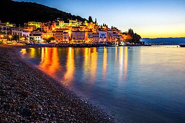 Old town on the Adriatic coast at night, Moscenicka Draga, Primorje-Gorski kotar County, Kvarner Gulf Bay, Istria, Croatia, Europe