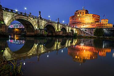 Panorama, evening mood, illuminated Castel Sant'Angelo and bridge Ponte SantAngelo at dusk, Rome, Lazio, Italy, Europe