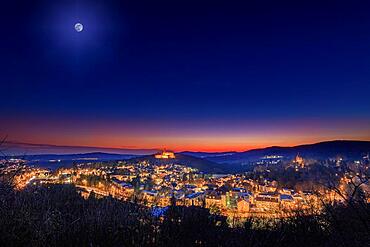 Night shot, view over the town of koenigstein at blue hour with castle, Taunus, Hesse, Germany, Europe