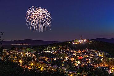 Night shot, view over the town of koenigstein, with castle and fireworks, Taunus, Hesse, Germany, Europe