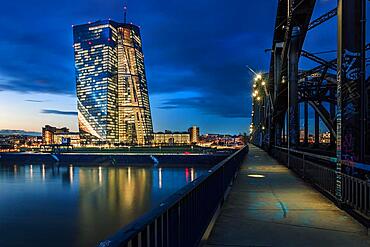 European Central Bank, ECB, after sunset, Frankfurt am Main, Hesse, Germany, Europe