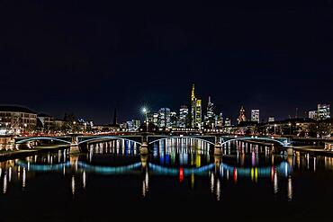 View of Frankfurt and the illuminated skyline of Frankfurt, Commerzbank, Hessische Landesbank, Deutsche Bank, European Central Bank, Skyper, Sparkasse, DZ Bank, long exposure, night shot in Petrol style, Frankfurt, Hesse, Germany, Europe