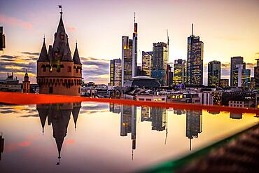 View over Frankfurt, Friedbergerwarte in the sunset, skyscrapers and streets, taken from Flemmings Hotel, reflection in a glass plate, Frankfurt am Main, Hesse, Germany, Europe