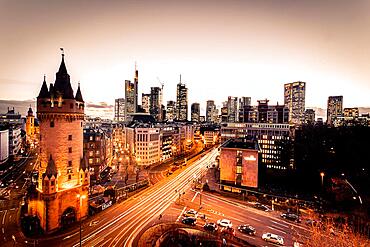 View over the illuminated Frankfurt at night, living working in a quatier, skyscrapers and streets taken from the Maintower, Hesse, Germany, Europe