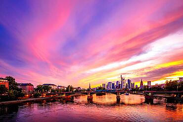 Pink sunset over the river Main, illuminated skyline of the city of Frankfurt am Main, Hesse, Germany, Europe