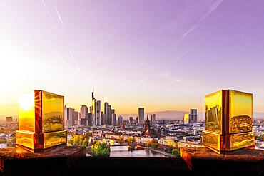 View over Frankfurt, view into the sunset with backlight, in the evening, the river Main and the skyline with its skyscrapers and streets taken from the Lindner Hotel, Hesse, Germany, Europe