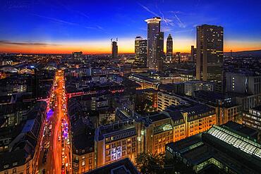 Night shot, long exposure of a street from above, Frankfurt skyline, Frankfurt am Main, Hesse, Germany, Europe