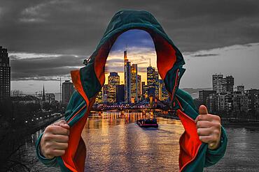 View of the Main River and skyline of Frankfurt am Main, Photoshop trick with a jacket, Hesse, Germany, Europe